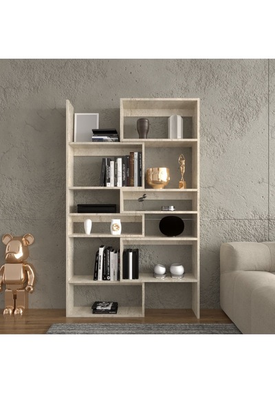 Avole Flat Çok Raflı Geniş Kitaplık Frezya Mermer Desenli Mermer Desenli