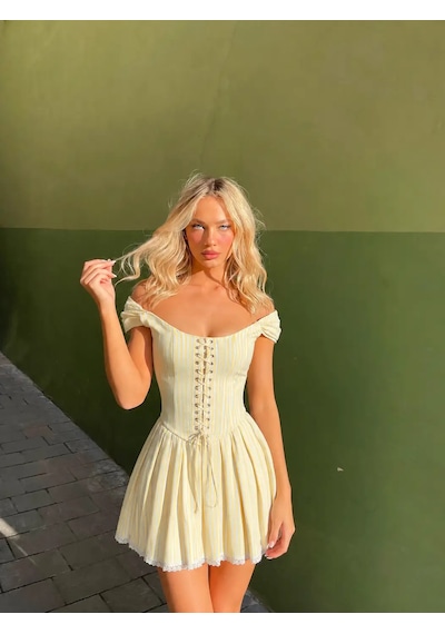 Havens Angela Çizgili Corset Elbise Sarı