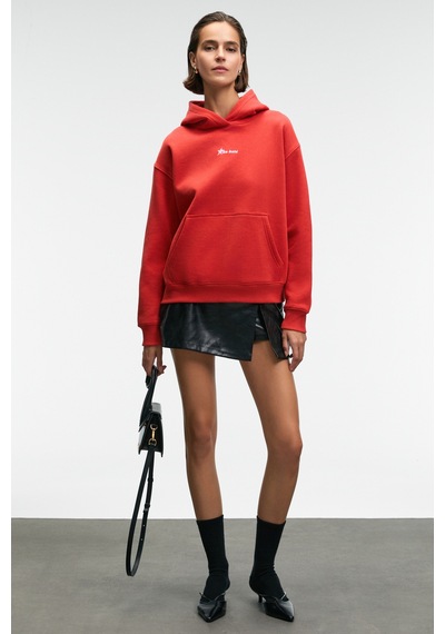 ETHIQUET ME UREA Kadın Nakışlı Kapüşonlu Comfort Fit Kırmızı Sweatshirt
