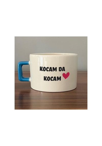 Kocam Da Kocam Baskılı Sarı Kulplu Kare Kupa - Sevgililer Günü Hediyesi Bardak Fincan Mug Mavi Kulp