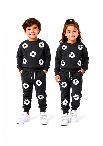 Mavi Boncukk Çocuk Unisex Kabartma Baskılı Detaylı Oversize Alt Üst Eşofman Takımı Antresit