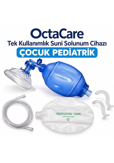 Octacare Çocuk Pediatrik Ambu Seti Tek Kullanımlık Manuel Suni Solunum Cihazı Rezervuar Balonlu, Oksijen Hortumlu Ve Maskeli Resüsitatör Seti 10 Adet