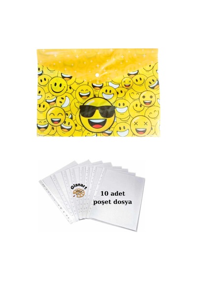 A4 Boy Çıt Çıt Ödev Dosyası +10' Lu Poşet Dosya Gözlüklü Emoji Sarı