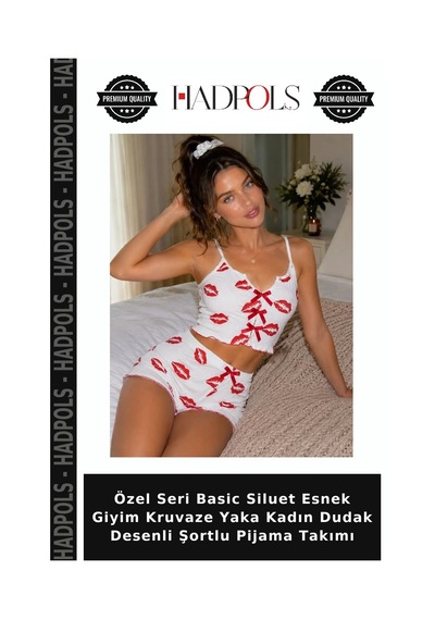 Hadpols Özel Seri Basic Siluet Esnek Giyim Kruvaze Yaka Kadın Dudak Desenli Şortlu Pijama Takımı Beyaz