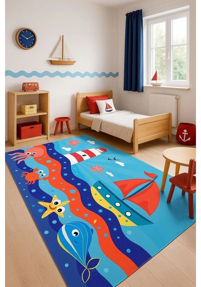 Kaptan Deniz Ve Sandal Desenli Çocuk Odası Halısı Mavi