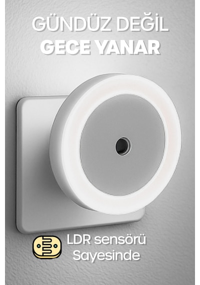 Yuvarlak Otomatik Gece Lambası Işığa Duyarlı Karanlık Ldr Sensörlü Koridor Beyaz Gc01 Beyaz