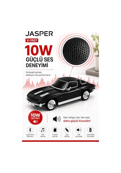 Jasper Jpr-1507 Siyah 10w Bluetooth Hoparlörlü Retro Araba Tasarım Fm Radyo, Usb, Tf Kart, Aux Ve Mp3