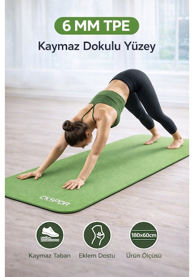 CKSpor Profesyonel Tpe Yoga Matı 6 Mm Kaymaz Taban Çift Katmanlı Spor Matı Yeşil