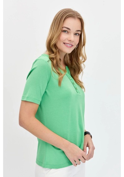 Desen Triko Kadın Omzu Ve Yaka Kenarı İşlemeli Pamuklu T-shirt Kmy24004 Yeşil