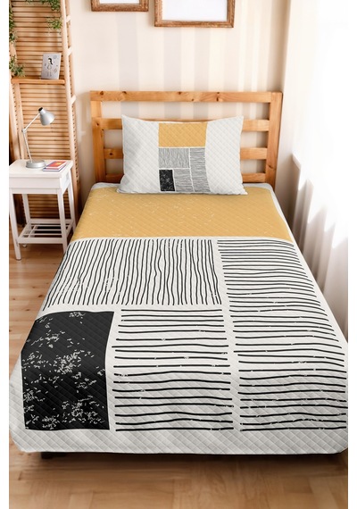 Sarı Geometrik Genç Odası Tek Kişilik Pike Takımı - Siyah Çizgili 160x220 Cm Kapitone Yatak Örtüsü Killi Meltem Kıyısı