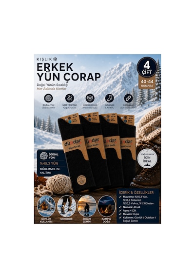Dündar Çorap Erkek Siyah Kışlık Yün Çorap 4 Çift 40-44 Termal Sıcak Tutan Yumuşak Outdoor Günlük Çorap