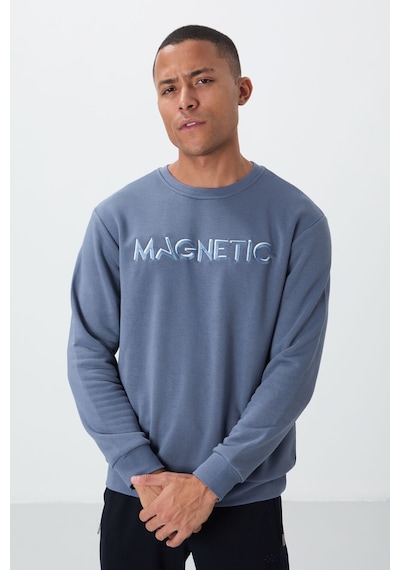 Tommy Life Petrol Yazı Nakışlı O Yaka Rahat Form İçi Polarlı Erkek Sweatshirt - 88020 PETROL