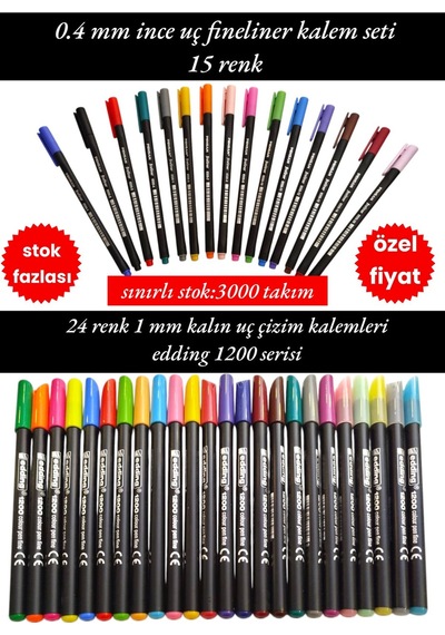 24 Renk 1 Mm Kalın Uç Çizim Kalemleri Edding 1200 Serisi 0.4 Mm İnce Uç Fineliner Kalem Seti 15 Renk