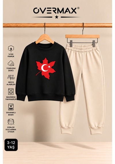 Overmax Türk Bayrağı Baskılı Çocuk Bisiklet Yaka Sweatshirt Eşofman Takımı- 3-12 Yaş Siyah-bej - 928962138 Siyah-bej
