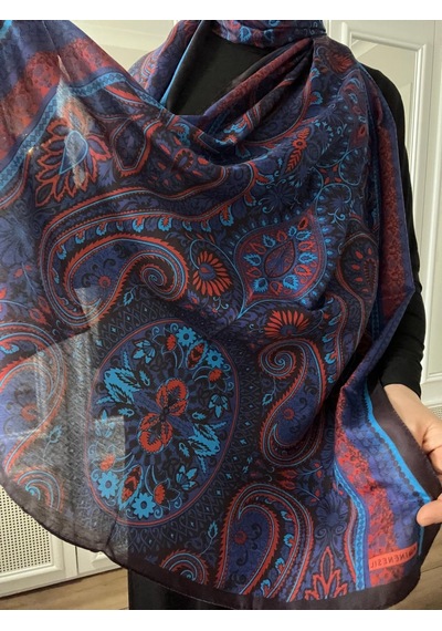 Modakaşmir Aminenesil Etnik Desen Soft Pamuk Şal Saks Mavisi Kırmızı Renk Açık Saks Mavi