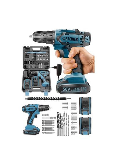 Steiner Kupfer Darbeli 58 V 5 Ah Çift Akülü Vidalama Matkap Mavi + 24 Parça Set