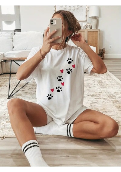 Flood Of Style Kadın Beyaz Patili Kalp Baskılı Oversize
