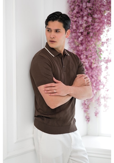 Advante Slimfit Kolları Lastikli Likralı Desenli Polo Yaka Triko T-shirt Kahverengi