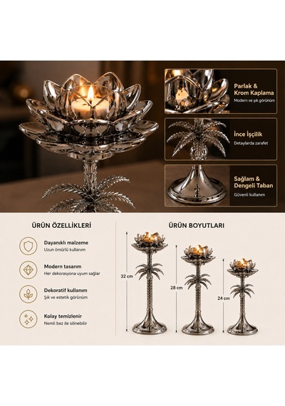 Palmiye Desenli Gümüş Renk Metal Lotus Mumluk 3'lü Şamdan Seti Dekoratif Mumluk