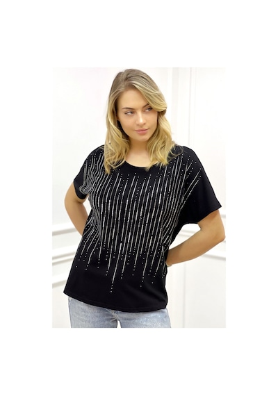 Rich Glam Bol Kesim Bisiklet Yaka Büyük Beden Crystal Taşlı Kadın T-shirt Siyah