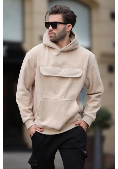 Madmext Bej Kapüşonlu Kapaklı Cep Detaylı Polar Erkek Sweatshirt 7097 Bej