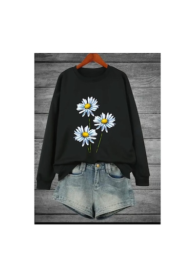 Medinenur Papatya Baskılı Bisiklet Yaka Sweatshirt Siyah