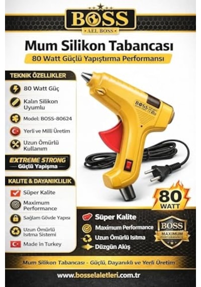 Boss 80 Watt Silikon Tabancası, Kalın 11 Mm Silikon Çubuk Uyumlu, Güçlü Ve Hızlı Yapıştırma Performansı, Yer
