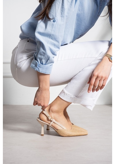 Shoetek Garva Kadın Stiletto Yandan Bantlı Topuklu Ayakkabı Hasır Bej
