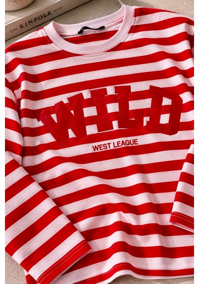 Bbbutikbasic Wild Baskılı Çizgili Uzun Kollu Kadın Sweatshirt My3535 Kırmızı