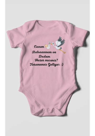 Canım Babannem Ve Dedem Hazır Mısınız Baskılı Bebek Zıbını Çıtçıtlı Body %100 Pamuk Kısa Kol Koyu Pembe