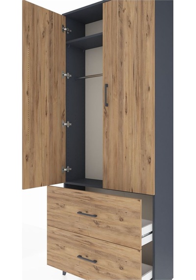 Arges Dolap 2 Raflı 2 Çekmeceli Tek Askılı 88x30x221 Antrasit-çam Antrasit