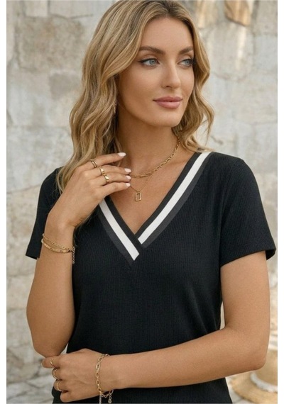 Butik İstanbul Kadın Kısa Kollu V Yakalı Bürümcük Bluz Siyah