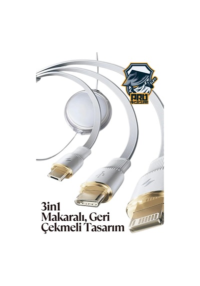 Makaralı Düğümlenmeyen 100w Type-c Süper Fast Pd Şarj Kablosu 3in1 Apple iPhone Samsung Xiaomi Uyumlu Hızlı Şarj
