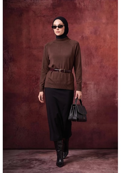 Armine Trend Bisiklet Yaka Uzun Kollu Sade Rahat Kesim Tunik Kahverengi 26ktd419