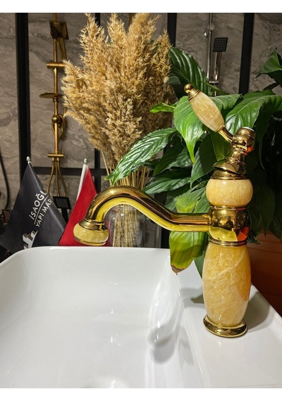 İsaoğlu Yapı Gold Lavabo Bataryası Mermer Tasarımlı Altın Lavabo Musluğu Gold