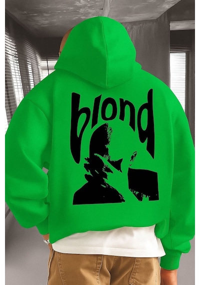Benroma 3 İplik Penye Blond Baskılı Ünisex Kapüşonlu Sweat Yeşil
