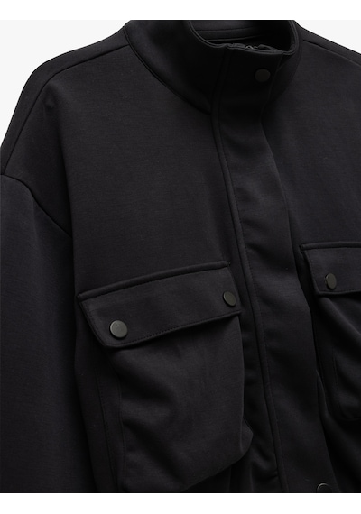 Koton Kolej Bomber Ceket Crop Kalın Modal Kumaş Düğmeli Cep Detaylı Siyah 5wak10096nk