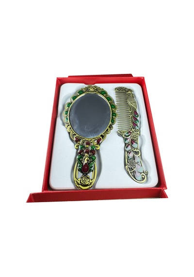 Tavus Kuşu Desenli Vintage Ayna Tarak Seti Özel Tasarım Ve Özel Kutulu 13,5 Cm & 13 Cm Yeşil