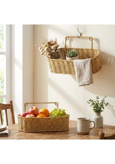 2 Li Duvar Askılı Plastik Rattan Organizer Oval Hasır Görünümlü Mutfak Raf Sepeti, Banyo Ve Ev İçi Düzen Renkli