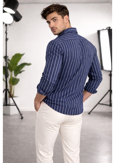 Erkek İki Çizgili Regular Relaxed Fit Uzun Kollu Gömlek Lacivert