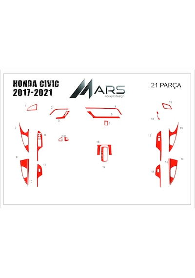 Honda Civic Torpido Kaplama 2017-2021 21 Parça Kırmızı