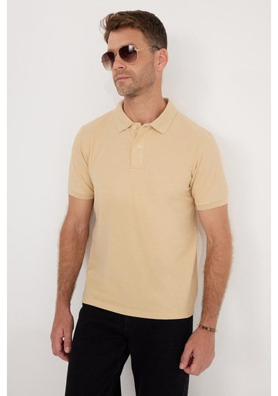 Tudors Erkek Slim Fit Dar Kesim Pamuklu Yumuşak Dokulu Serin Tutan Kumaş Düz Pike Kum Beji Polo Yaka Tişört-33706 Bej