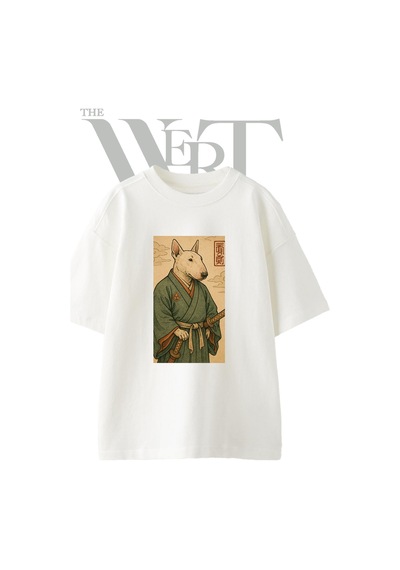 Thewert Bull Terrier Samurai Tasarım Baskılı Ünisex Beyaz Oversize T-shirt