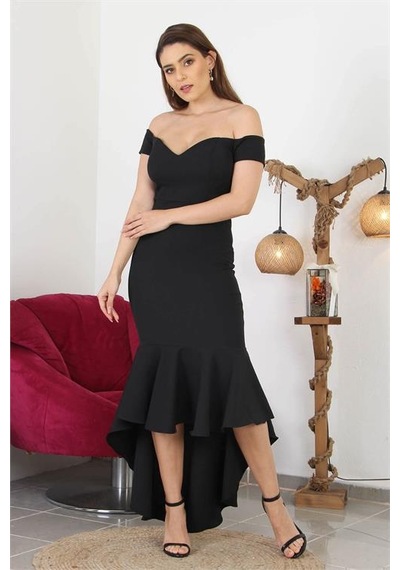 Dip Moda Dipmoda Kadın Kayık Yaka Düşük Omuz Eteği Volanlı Abiye Elbise Swll01 Siyah