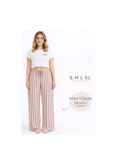Viskon Pamuklu Kadın Gül Kurusu Çizgili Pijama Pantolon - Mg003 - Mudanis