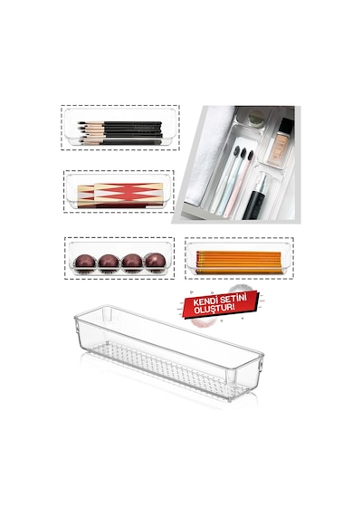 Modüler Çekmece Içi Düzenleyici, Makyaj Takı Düzenleyici - Ofis Masaüstü Organizer 30 X 7,5 Cm Şeffaf