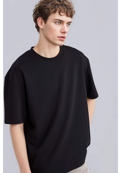 Defacto Oversize Geniş Kalıp Bisiklet Yaka Kısa Kollu Basic Düz Ağır Kumaş Tişört X3926az26spbk81 Siyah-bk81