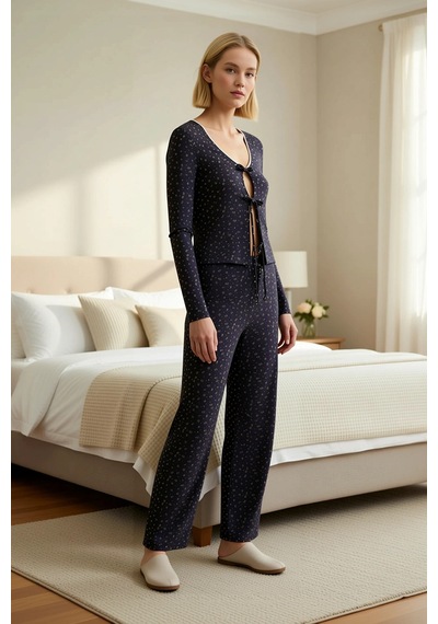 Benerly Kadın V Yaka Standart Kol Regular Kalıp Çiçek Desenli Pijama Takı Kahverengi