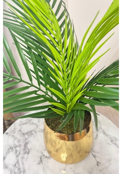 Yapay Çiçek Palmiye Areka Yapay Bitki Gold Metal Saksı Salon Çiçeği 9 Yaprak 50cm