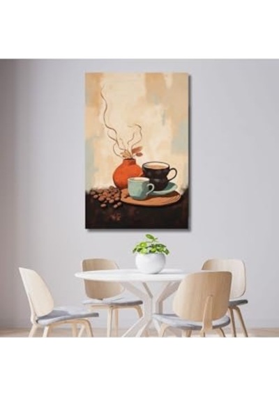 Tekli Dikey Kanvas Mutfak Tablosu Kahve Köşesi Çizgisel Fincan, 40 X 60 -